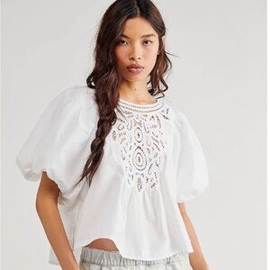 Free People Bardot Lace Front Puff Sleeve Top​